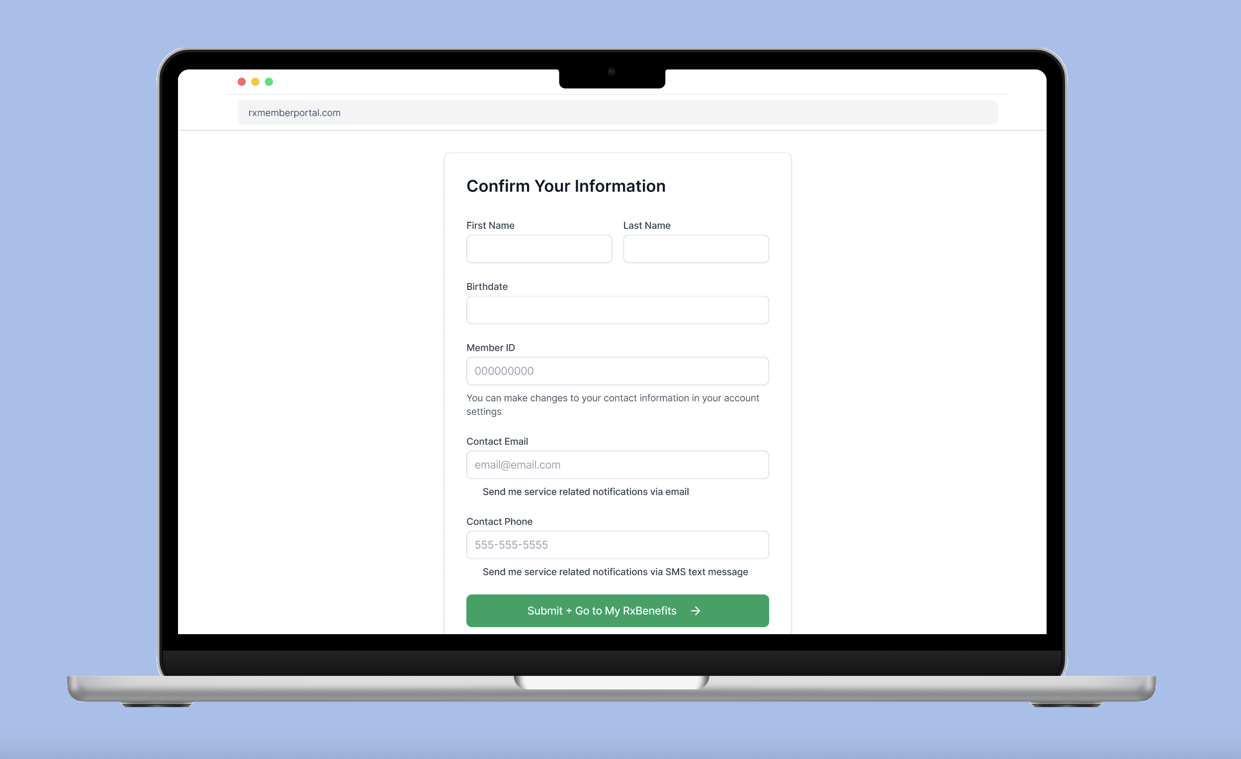 Account confirmation and communications screen